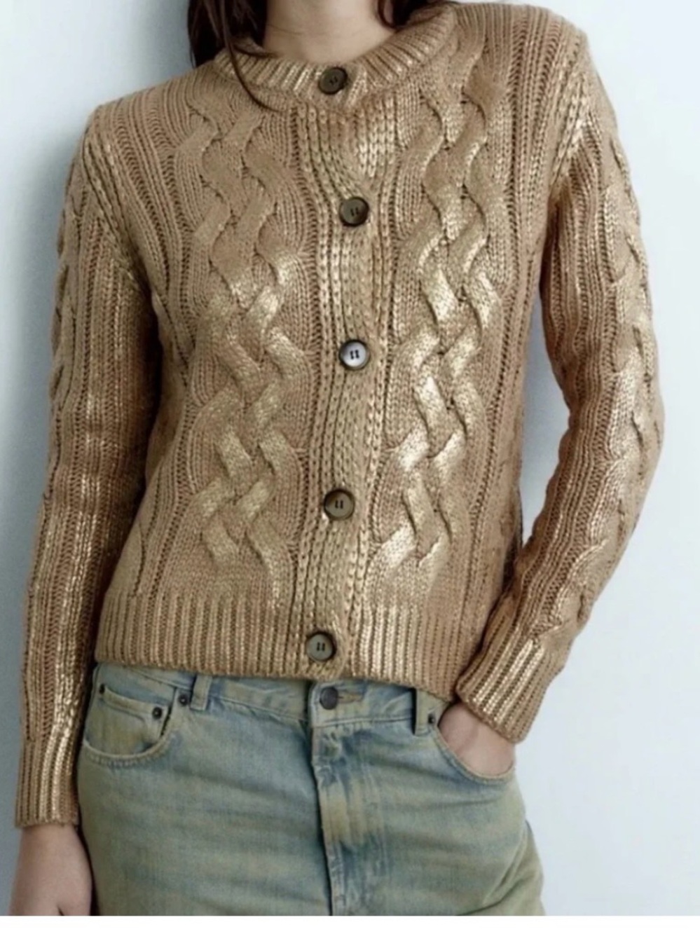 Zara Metallic Cable Knit Button-Up Cardigan - Gold